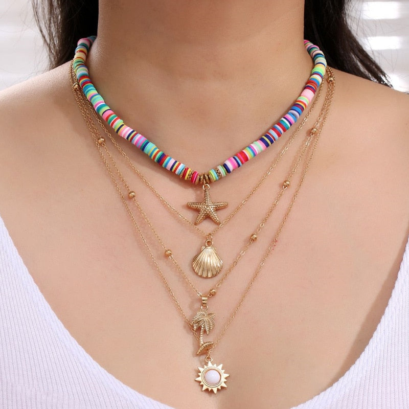 Bohemian Colorful Beads Shell Heart Layered  Necklace For Women