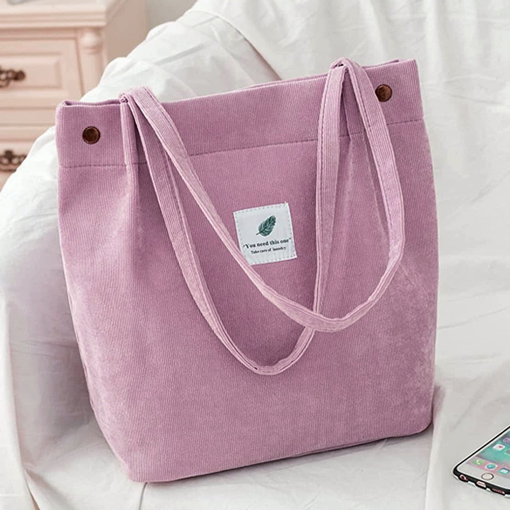 Women Corduroy Shoulder Shopping Bag with Button Eco Organizer