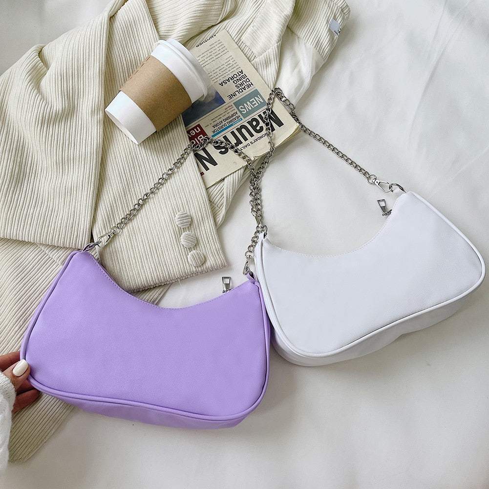 PU Leather Solid Color Chain Shopper Shoulder Bags