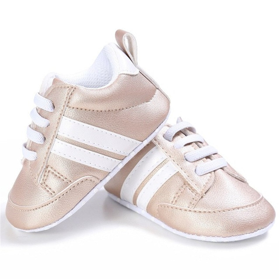 Baby Shoes Newborn Boys Sneaker Girls Two Striped First Walkers Kids Toddlers Lace Up PU Leather Soft Soles Sneakers 0-18 Months - Jeglowstore