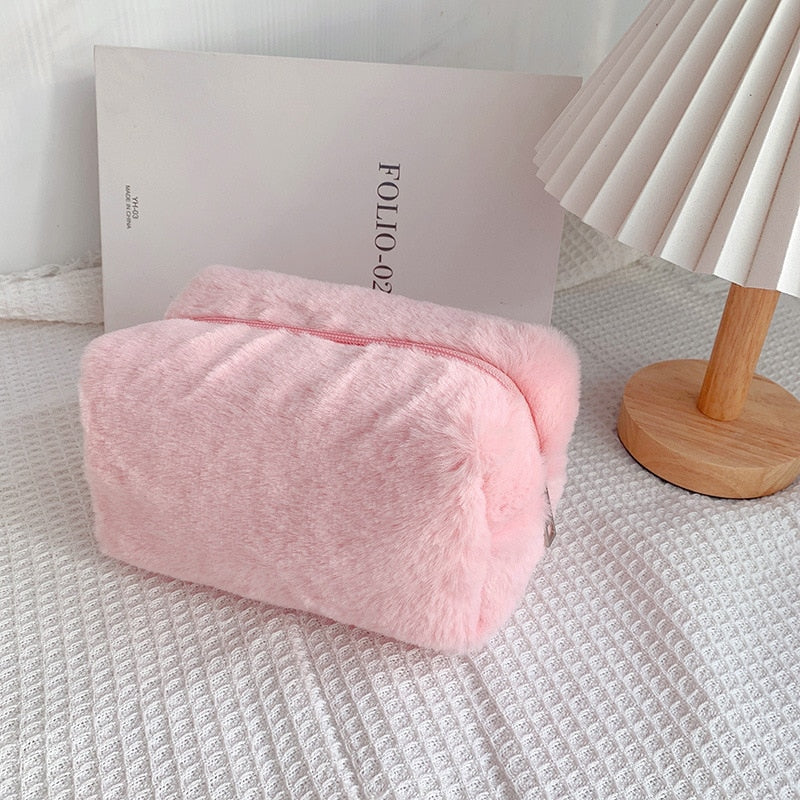 PURDORED 1 Pc Solid Color Fur Makeup Bag for Women Soft Travel Cosmetic Bag Organizer Case Young Lady Make Up Case Necessaries