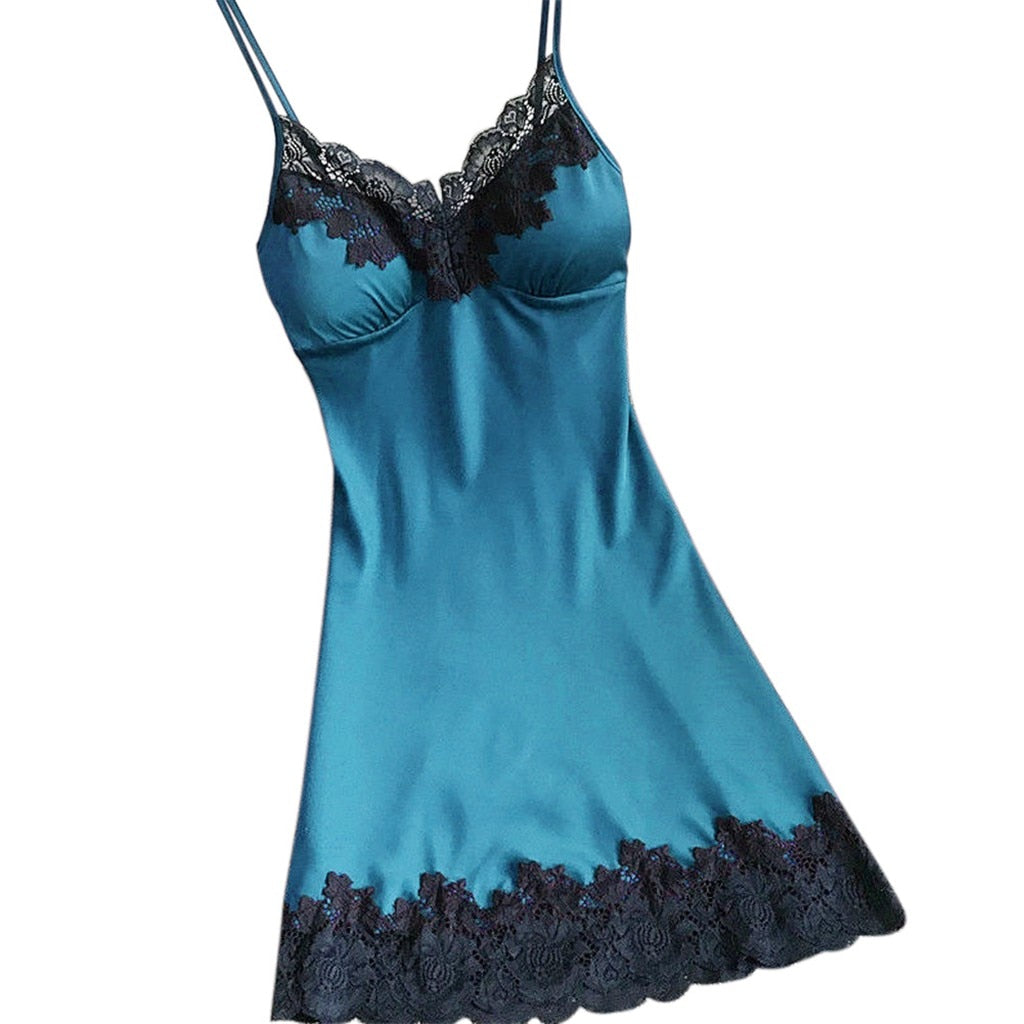 V-neck Ladies Sexy Silk Satin Night Dress Sleeveless Nighty
