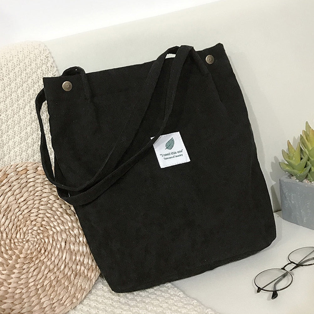 Women Corduroy Shoulder Shopping Bag with Button Eco Organizer