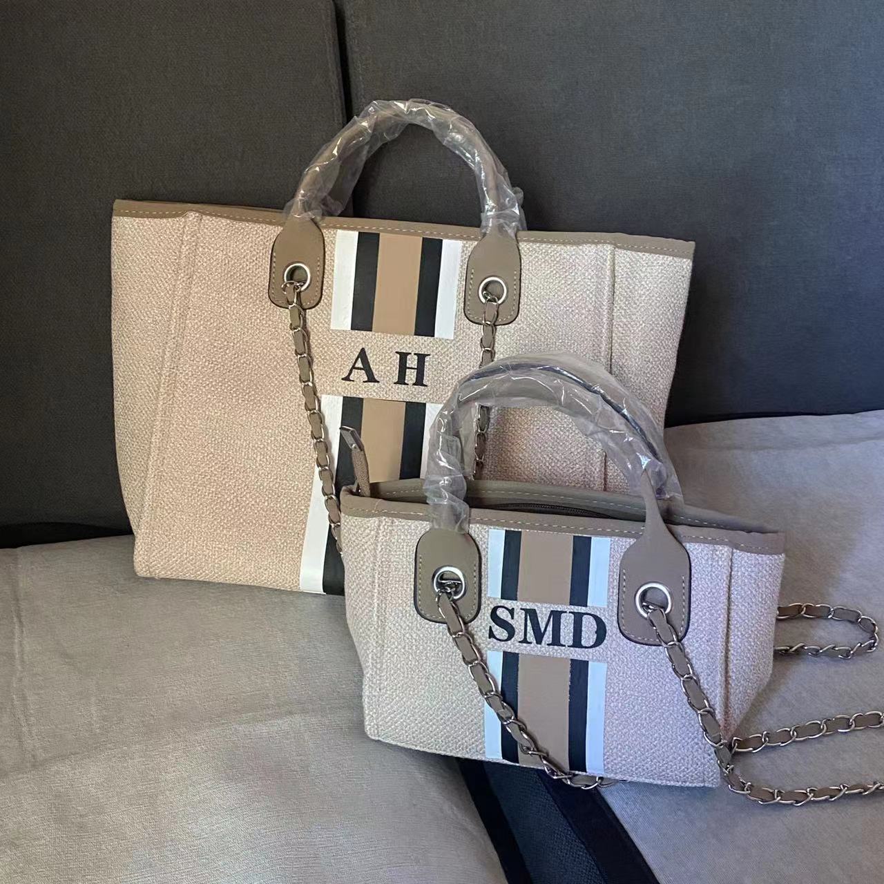 Customised Chain Handbag White Stripe Initials Canvas Tote Bag - Jeglowstore