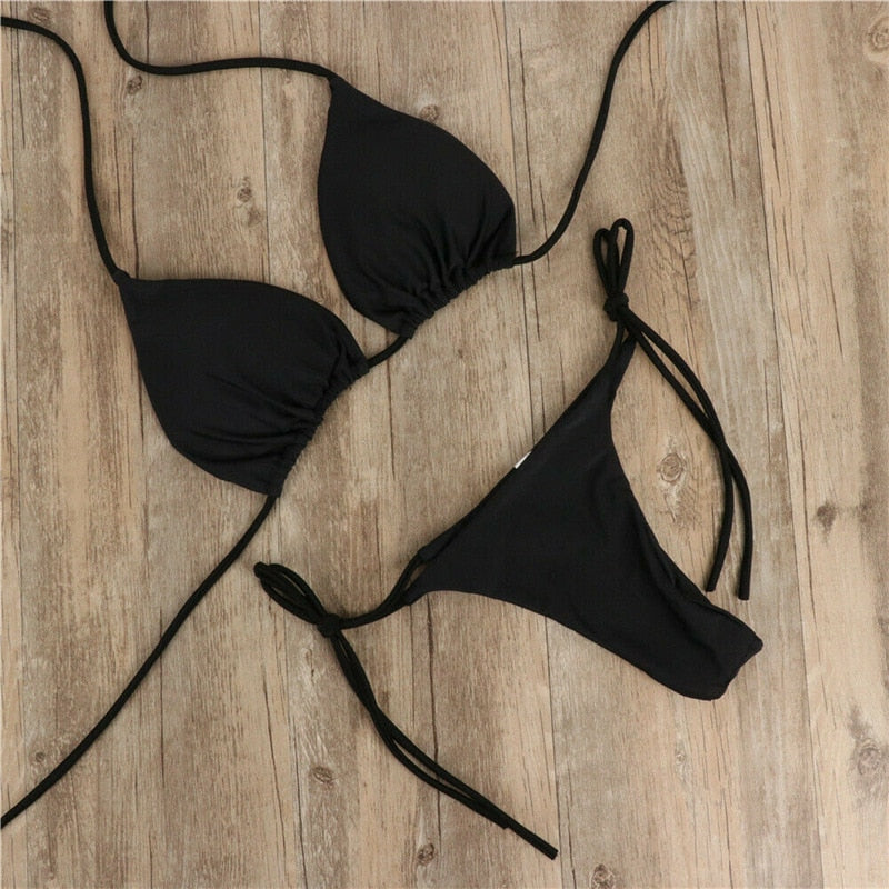 Summer Sexy Solid Color Bikini Sets Women Tie Side G-String Thong Swimsuit
