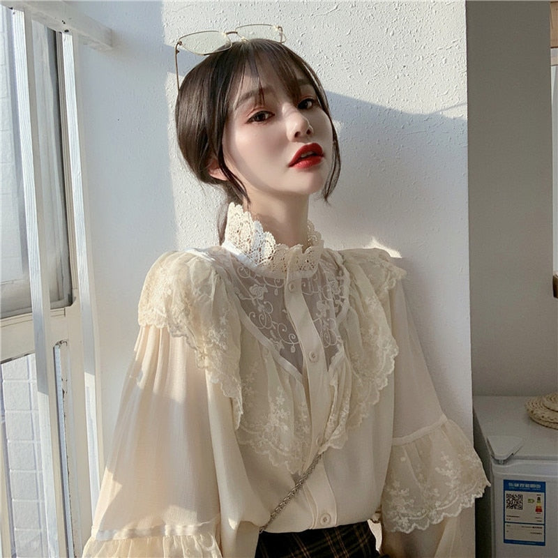 Lace Up Ruffled Women Blouse