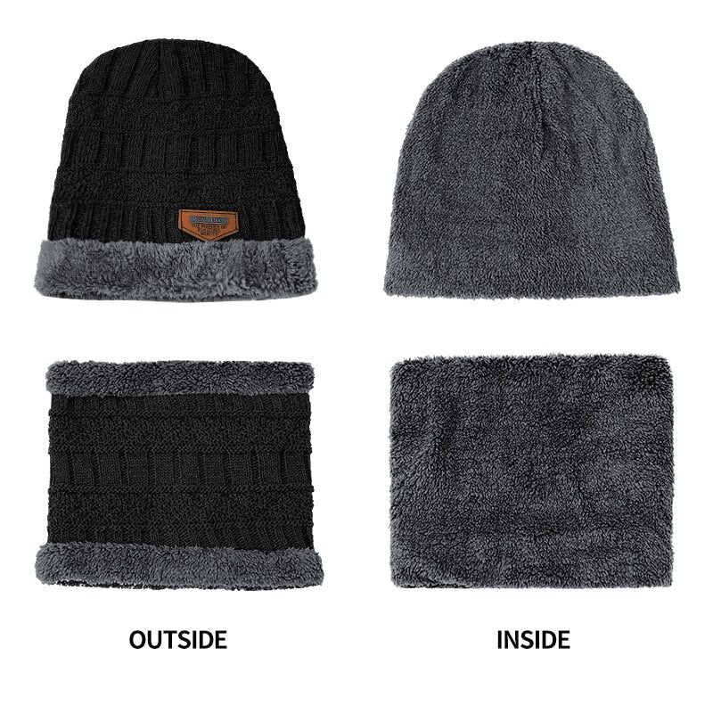 Thick Wool Neck Scarf Cap Balaclava Mask Bonnet Hats Set Unisex