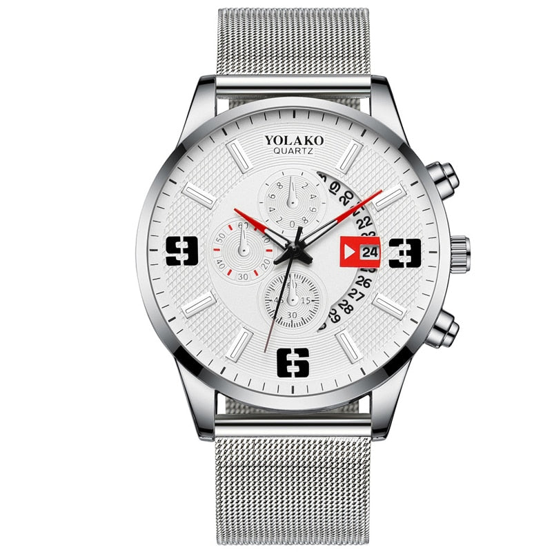 Mens Fashion Stainless Steel Mesh Belt Quartz Wrist Watch