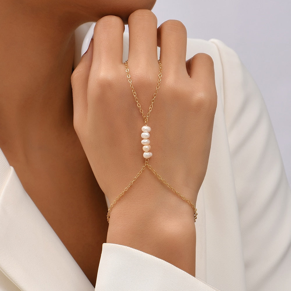 Simple Link Connected Gold plated Wide Finger Ring Bracelet