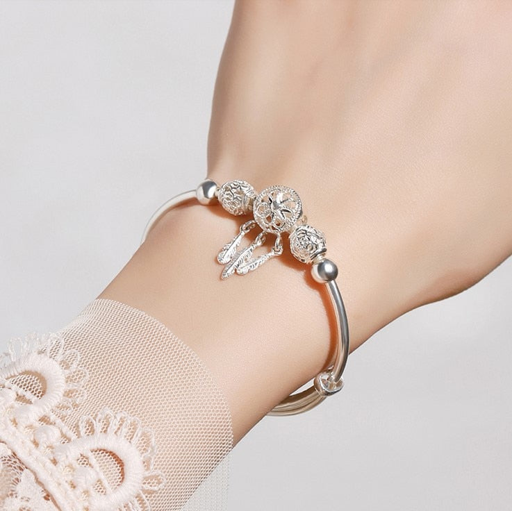 925 Sterling Silver Dreamcatcher Tassel Feather lucky Bead Bracelet