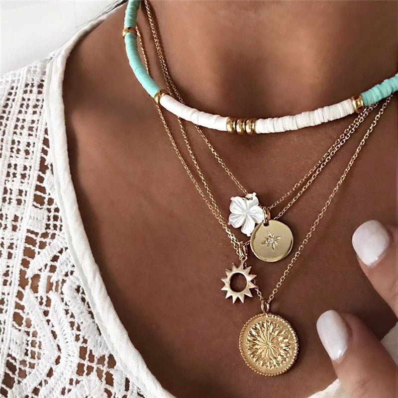 Bohemian Colorful Beads Shell Heart Layered  Necklace For Women