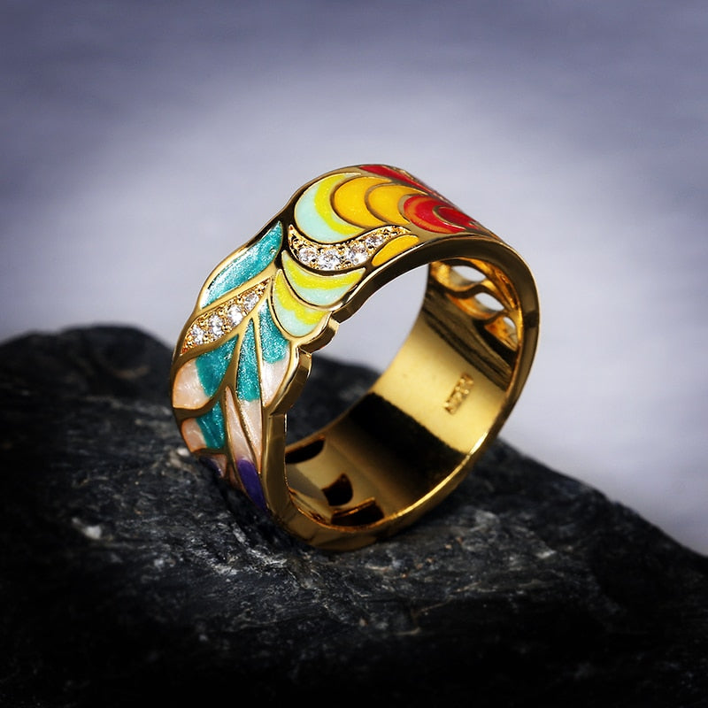 925 Golden Color Feather Zircon Ring