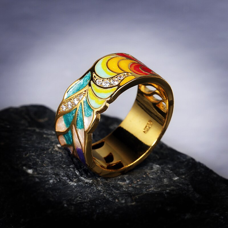 New Ladies Ring for Women 925 Silver Plated Fashion Ring Golden Color Feather Zircon Ring Party Jewelry Enamel Handmade