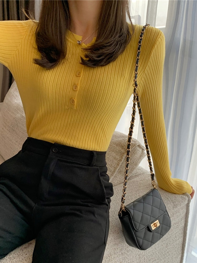 Knitted Button Sweater Pullovers Women highneck Sweaters