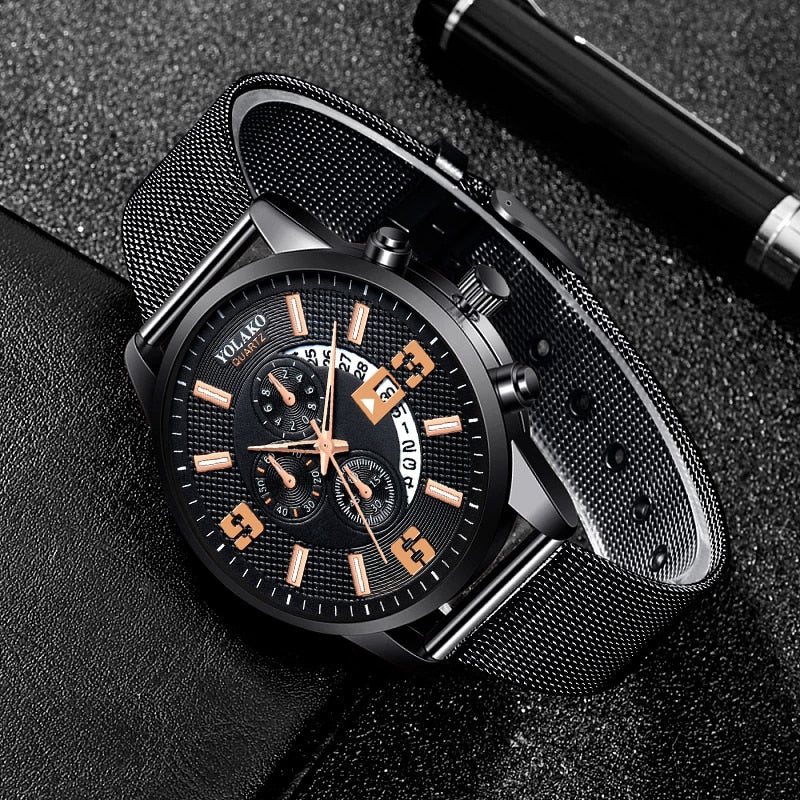 Mens Fashion Stainless Steel Mesh Belt Quartz Wrist Watch