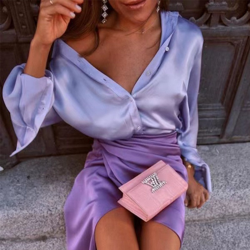 Vintage Elegant Satin Silk Shirt Long Sleeve Blouse