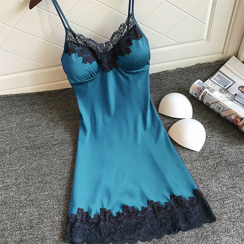 V-neck Ladies Sexy Silk Satin Night Dress Sleeveless Nighty