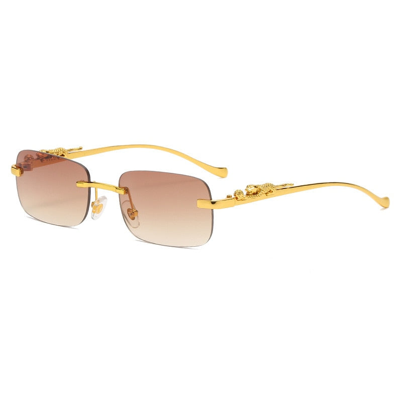 New Rimless Rectangle Vintage Metal Leopard Head Sunglasses