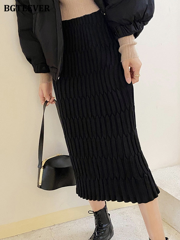 BGTEEVER Elegant High Waist Slim Fit Zipper Mid-Calf  Wrapped Knitted Skirt