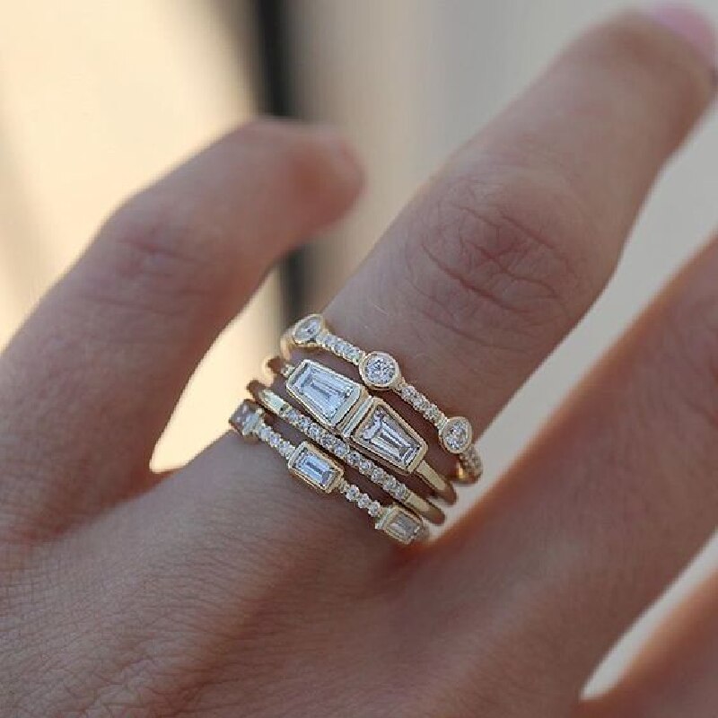 4 pcs/set Geometric Gold Color Combination Round Zircon Crystal Ring