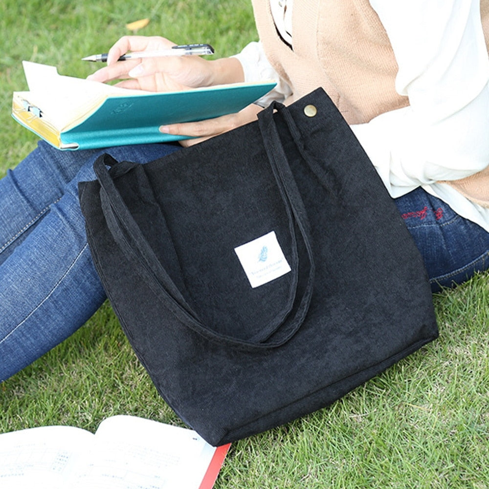 Women Corduroy Shoulder Shopping Bag with Button Eco Organizer
