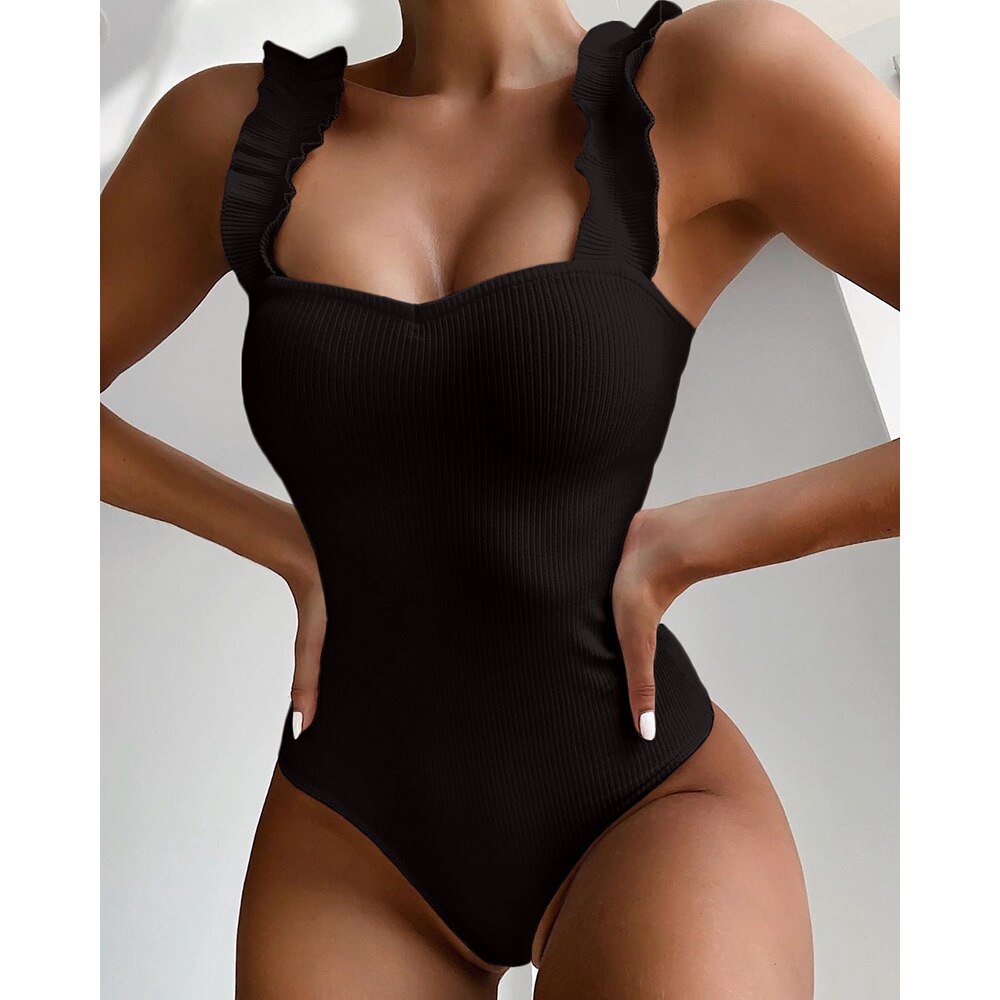 Vintage One Piece Ruffled Push Up Solid Red Swimwear - Jeglowstore