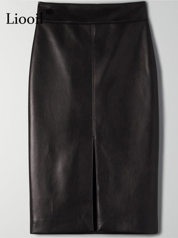 Liooil Women Faux Leather Slit Pencil Office Skirt - Jeglowstore