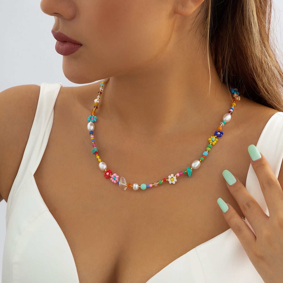 Salircon Trend Bohemia Rainbow Color Seed Beads Chain Choker Necklace