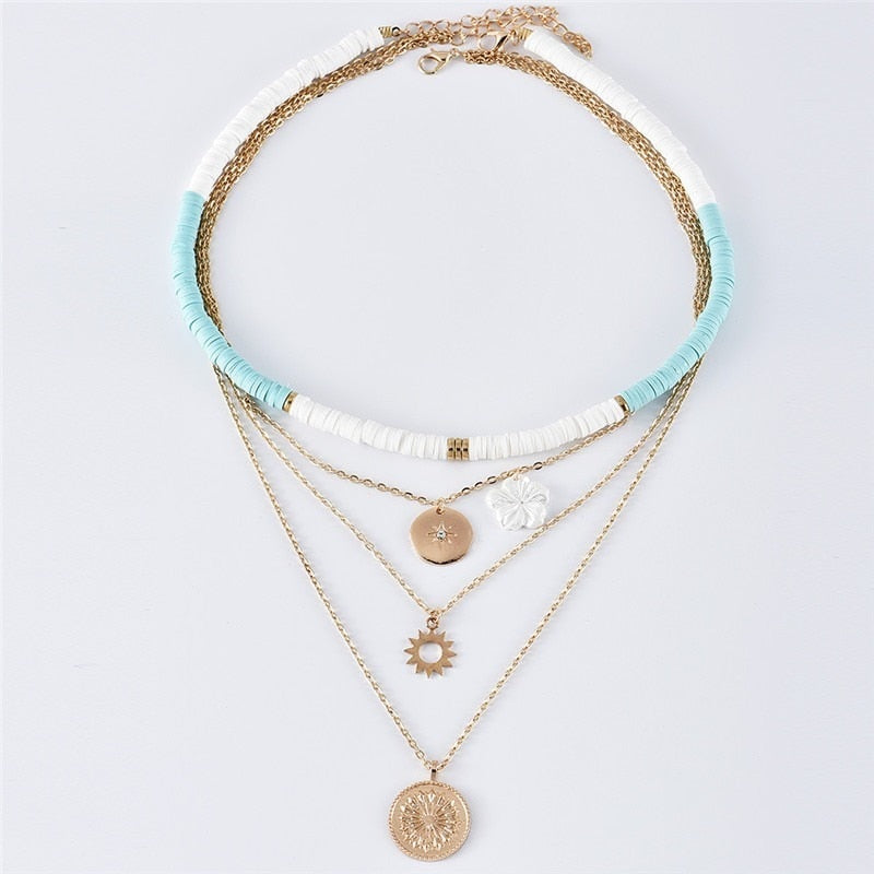 Bohemian Colorful Beads Shell Heart Layered  Necklace For Women