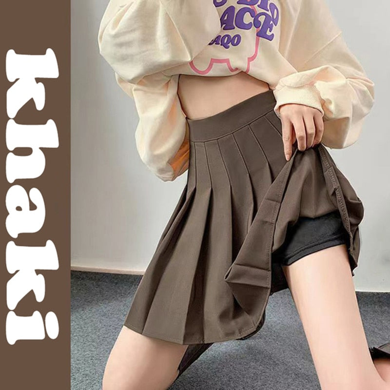 Lucyever Solid Color Pleated High Waist Preppy Style Skirt