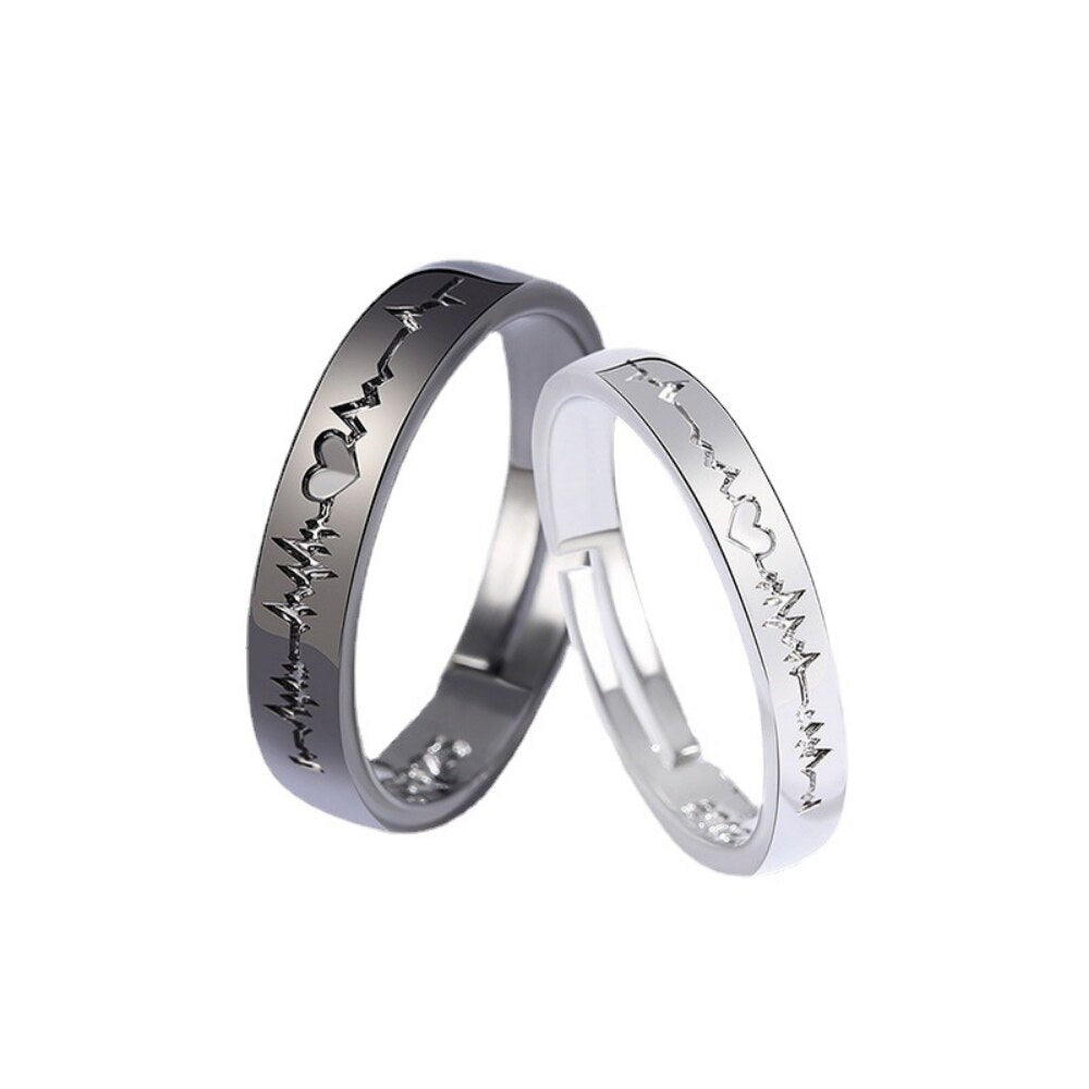 2Pcs/set Punk Heart ECG Black White Forever Love Promise Ring
