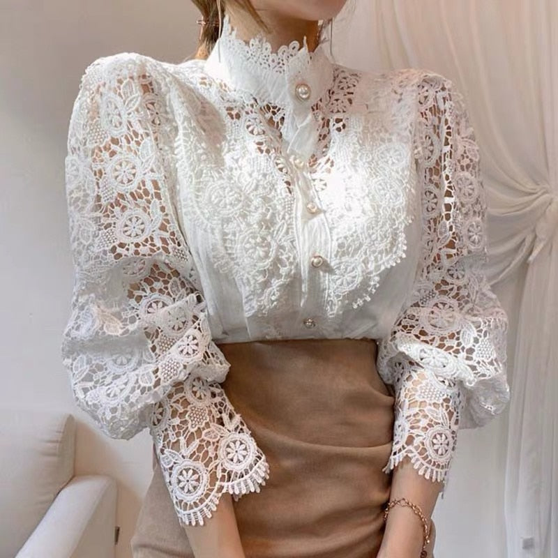 Vintage Soliede Wit Kant Bloes Hemde Vroue Knoppie Los Hemp Top