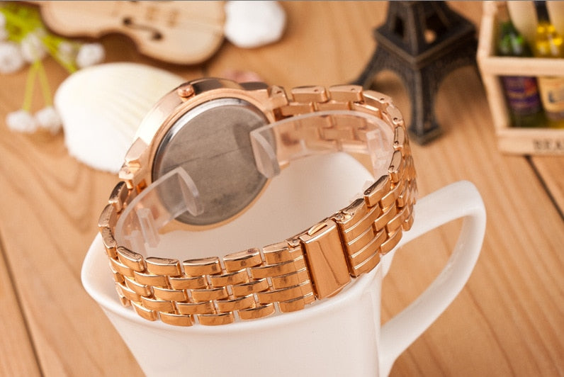 Luxury Geneva Brand Women Gold Stainless Steel Quartz Watch