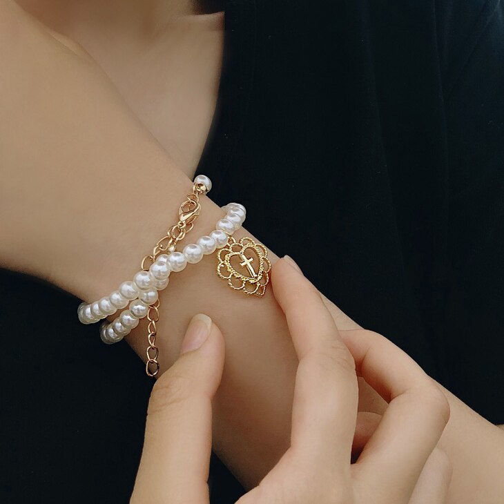 Retro Girl  Hollow Love Cross Pendant Pearl Necklace