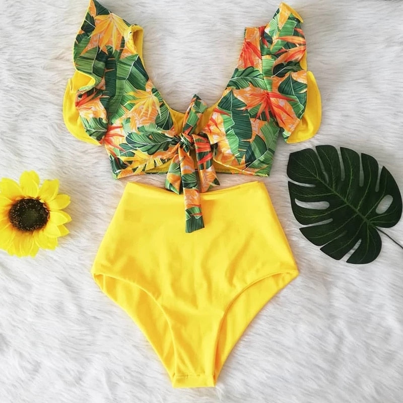 Floral Beachwear V-Neck High Waist Ruffled Sexy Bikini Set