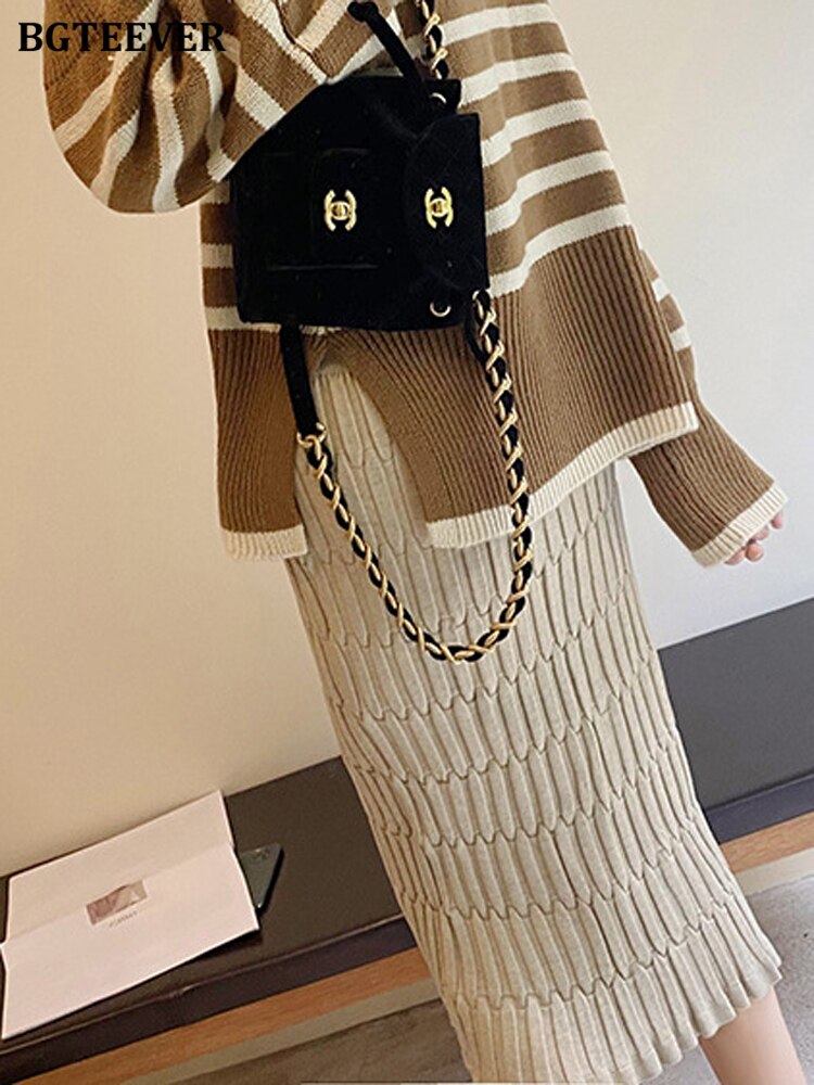 BGTEEVER Elegant High Waist Slim Fit Zipper Mid-Calf  Wrapped Knitted Skirt