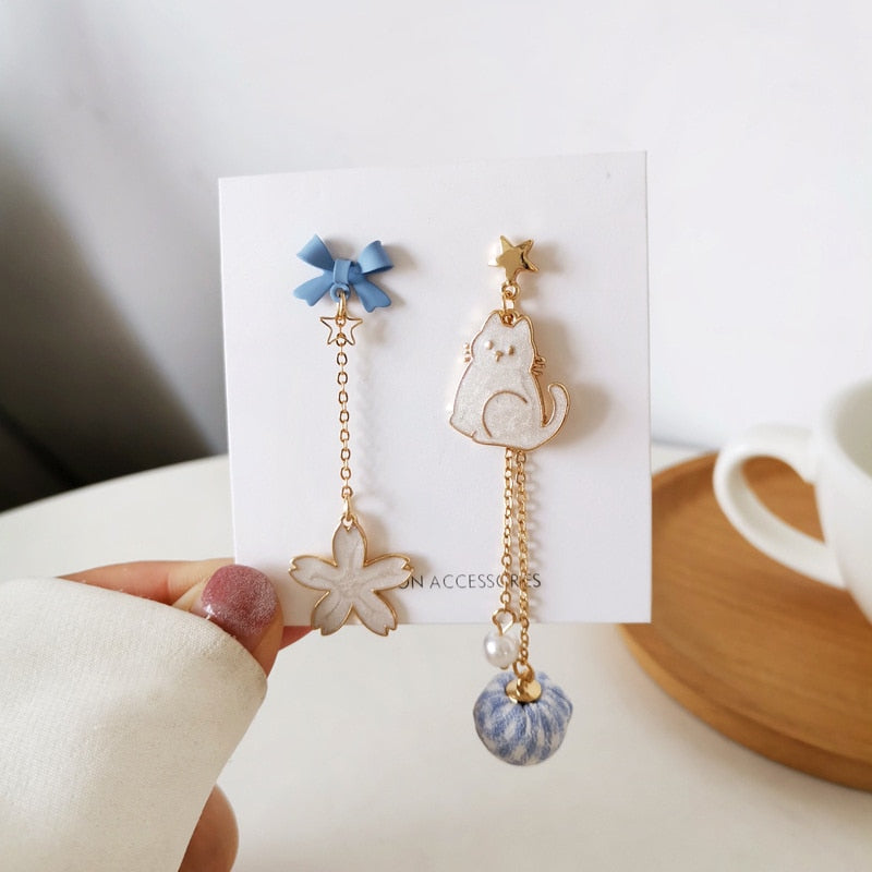 Animal Cat Cherry Blossoms Asymmetrical Earring Party Kitten Jewelry Gifts