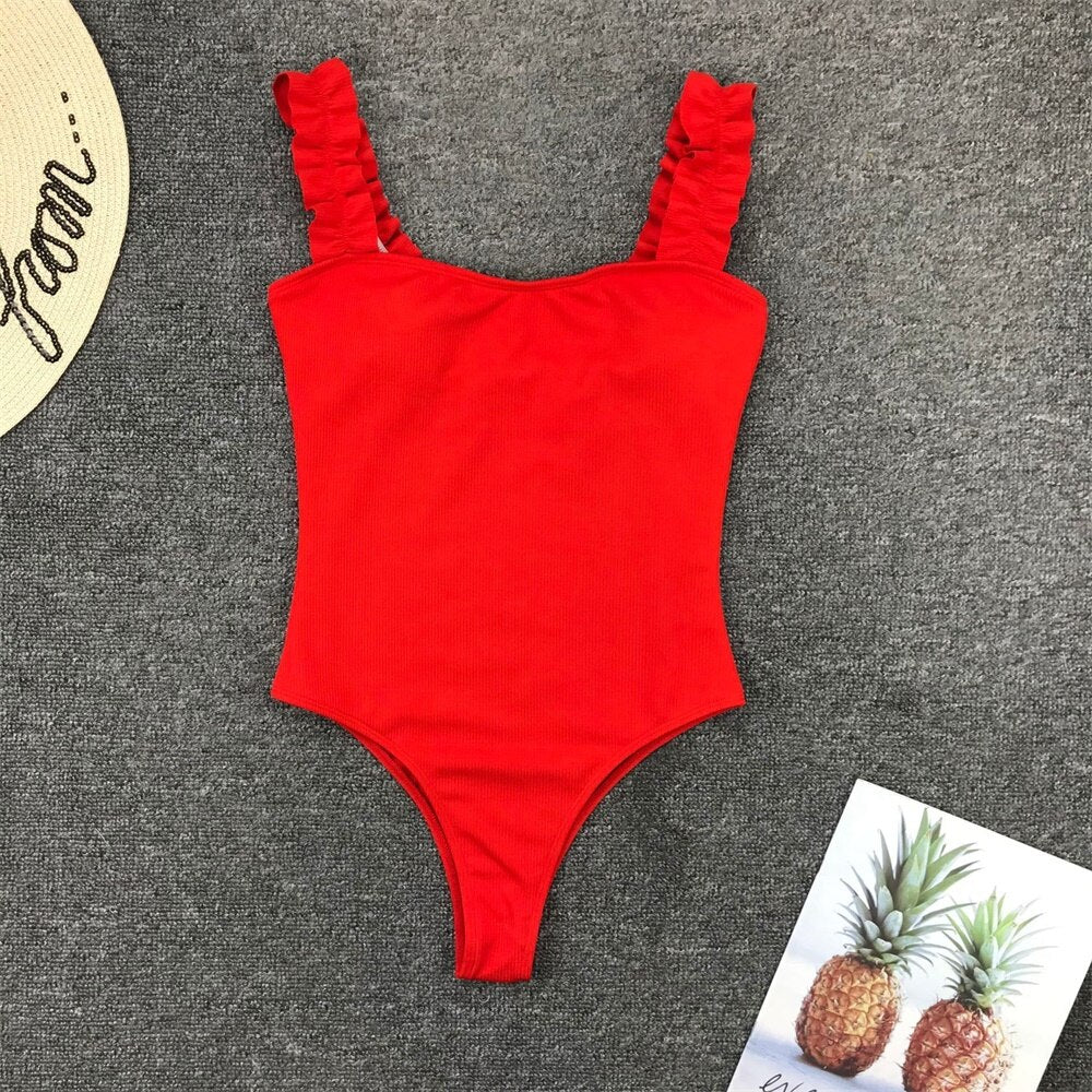 Vintage One Piece Ruffled Push Up Solid Red Swimwear - Jeglowstore