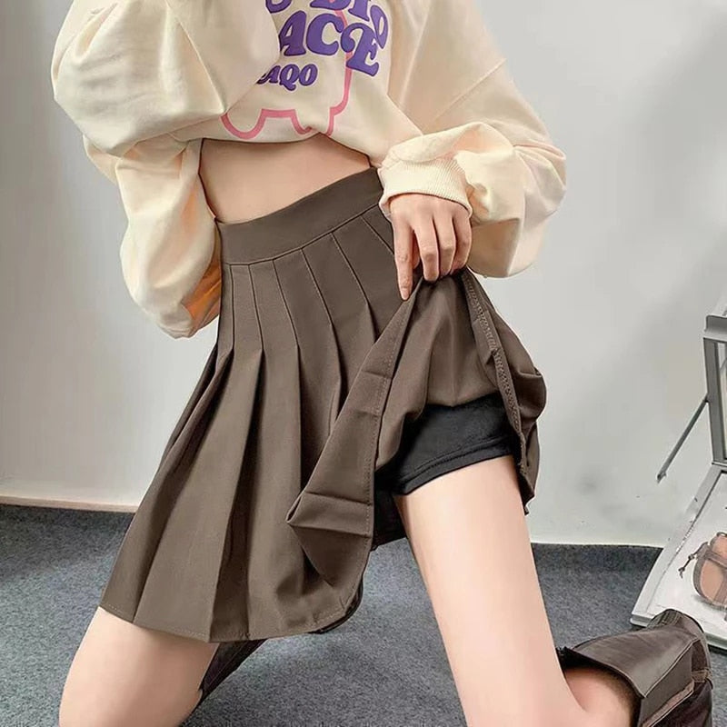 Lucyever Solid Color Pleated High Waist Preppy Style Skirt