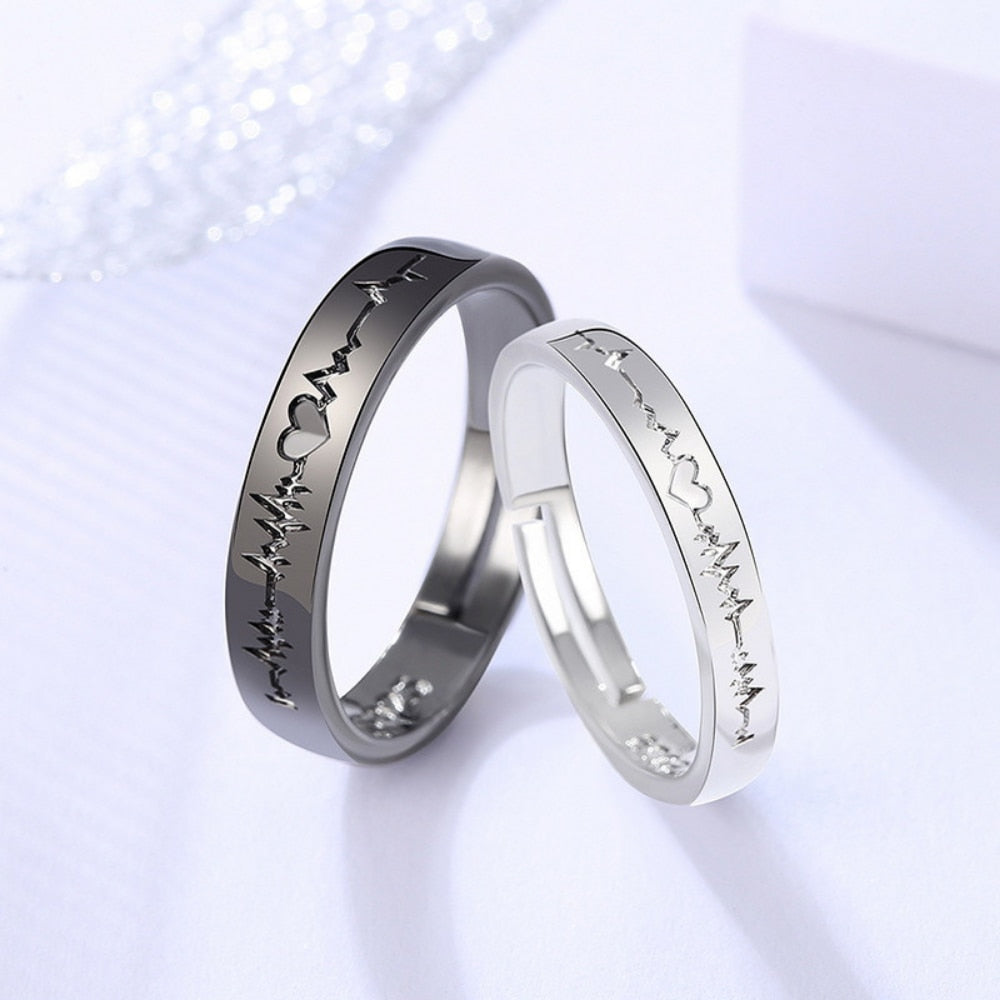 2Pcs/set Punk Heart ECG Black White Forever Love Promise Ring