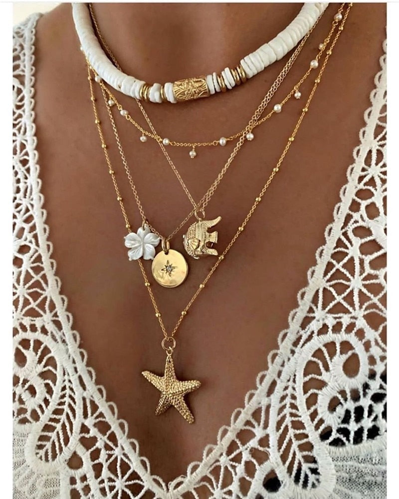 Bohemian Colorful Beads Shell Heart Layered  Necklace For Women