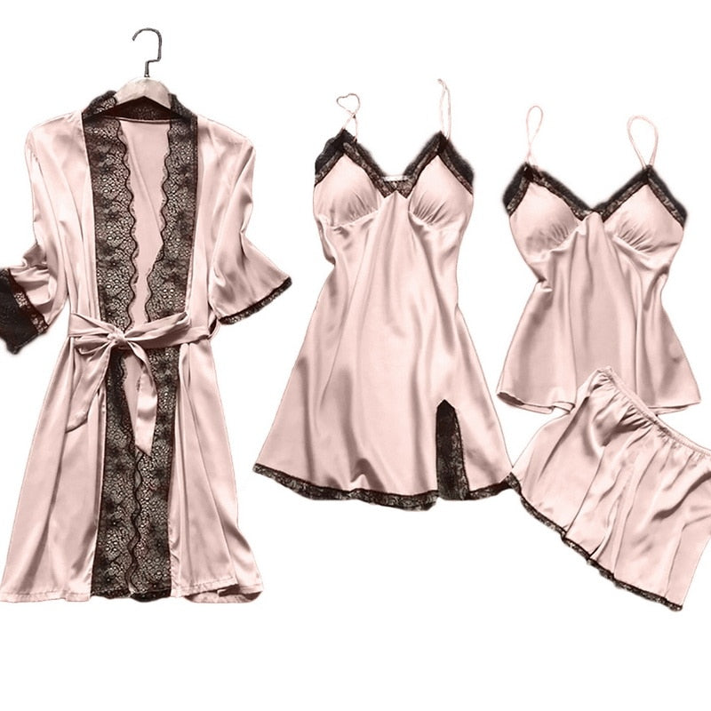 Silk 4-piece Nightwear Ladies Solid Color Strap Lace Pajamas with Chest Pads
