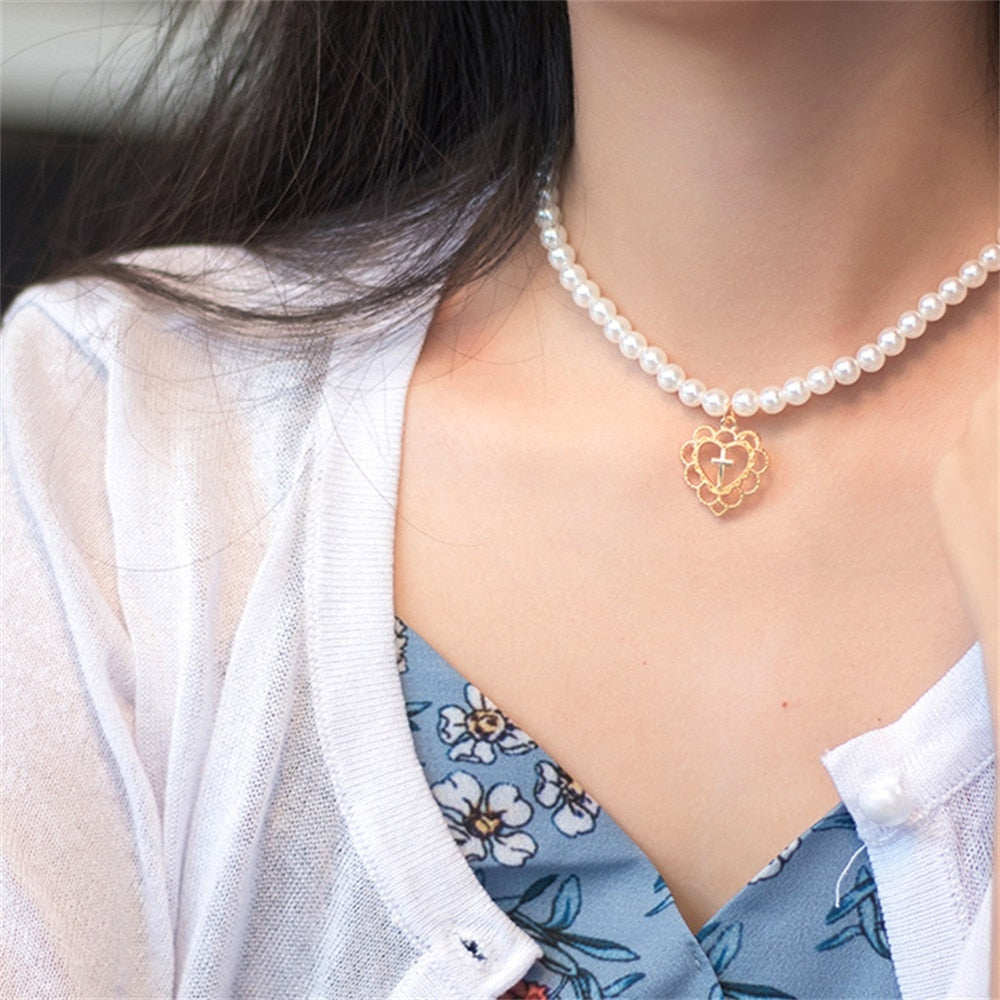 IFMIA Korean Fashion Pearl Chain Heart Choker Necklace