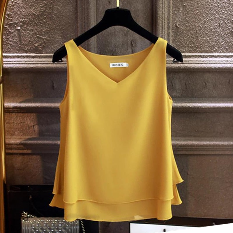 Somermoulose Chiffonhemp Soliede V-nek Informele bloes