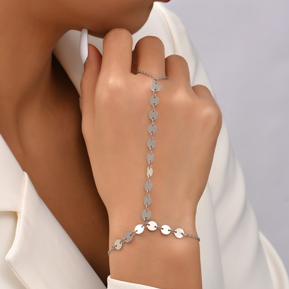 Simple Link Connected Gold plated Wide Finger Ring Bracelet