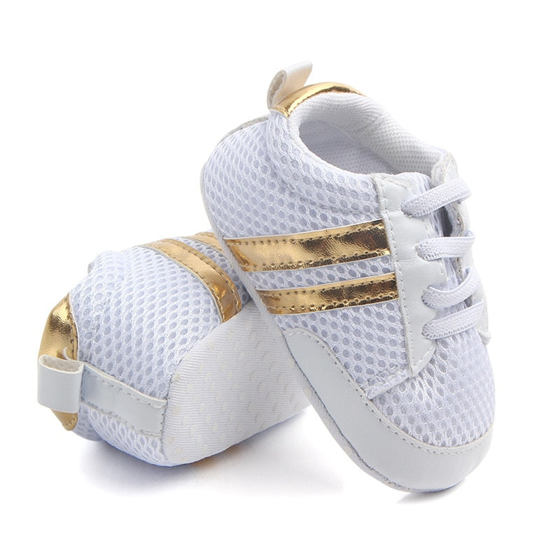 Baby Shoes Newborn Boys Sneaker Girls Two Striped First Walkers Kids Toddlers Lace Up PU Leather Soft Soles Sneakers 0-18 Months - Jeglowstore
