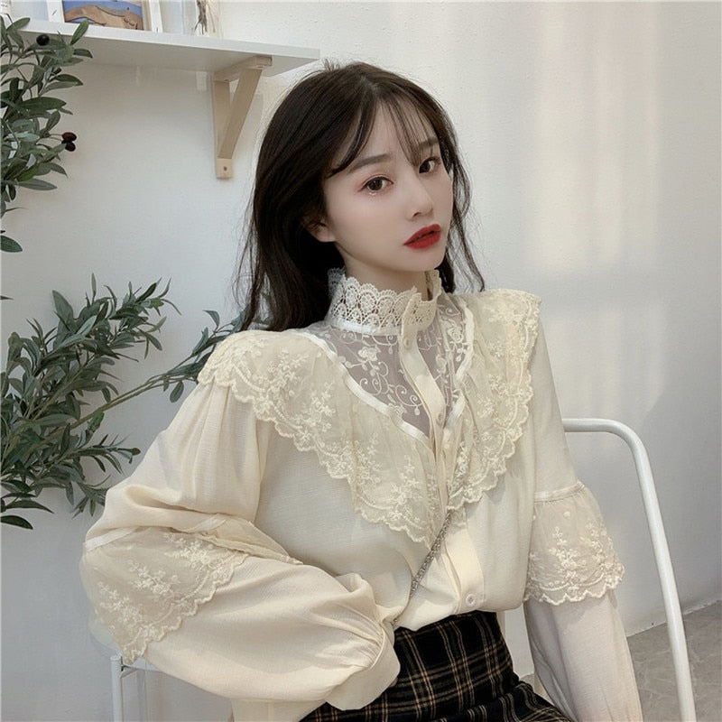 Lace Up Ruffled Women Blouse