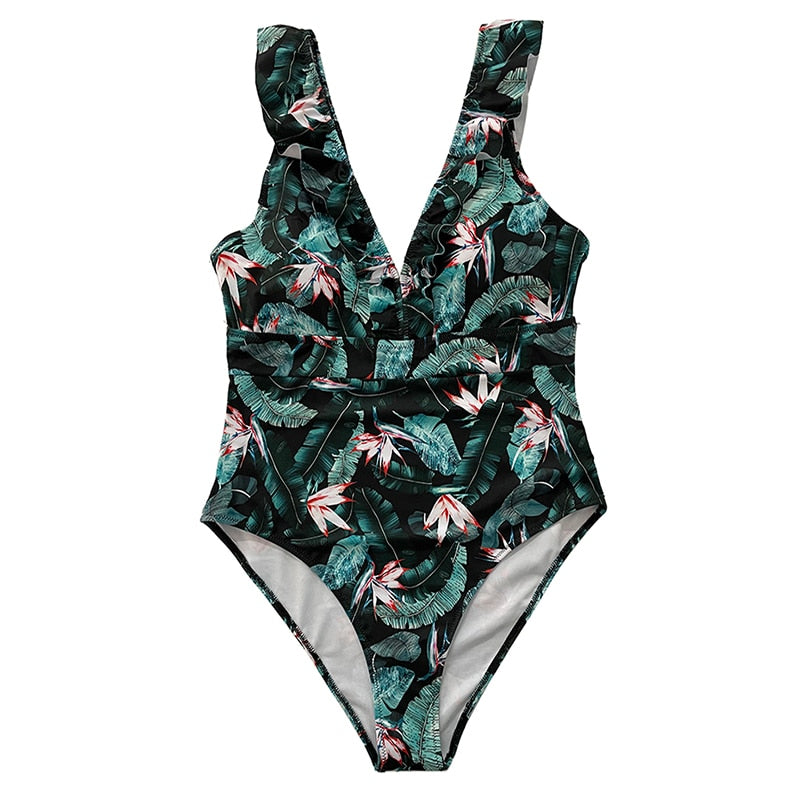 One Piece Striped Ruffled Vintage Print Swimsuit