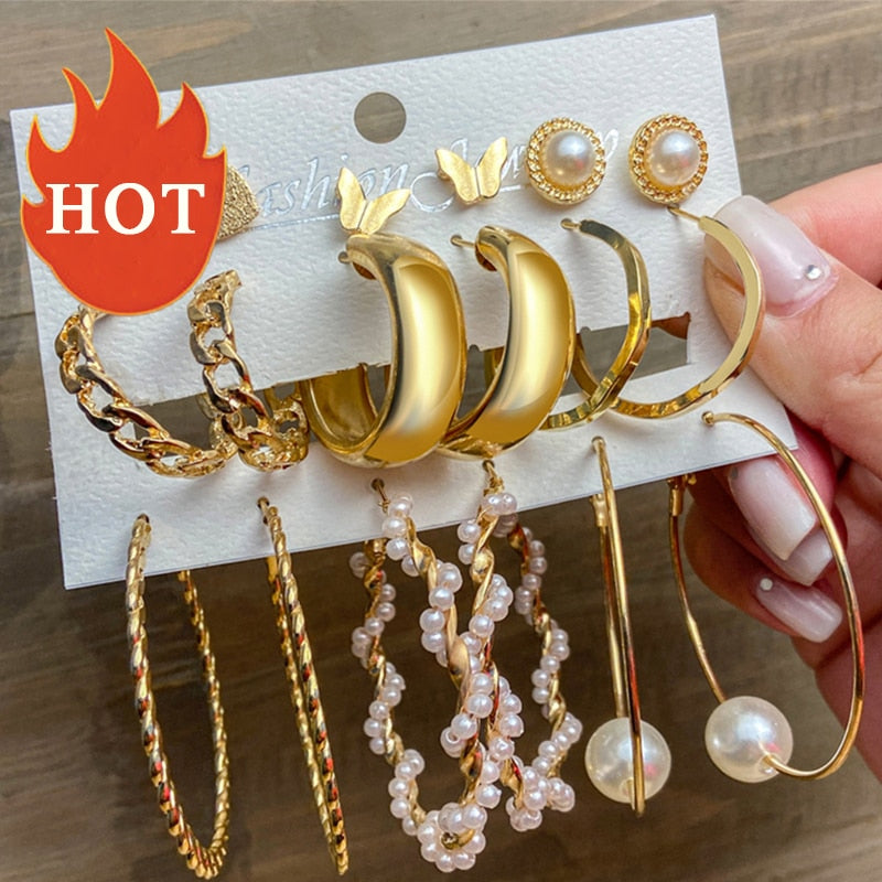 17KM Vintage Geometric Gold Plated Metal Earrings Set