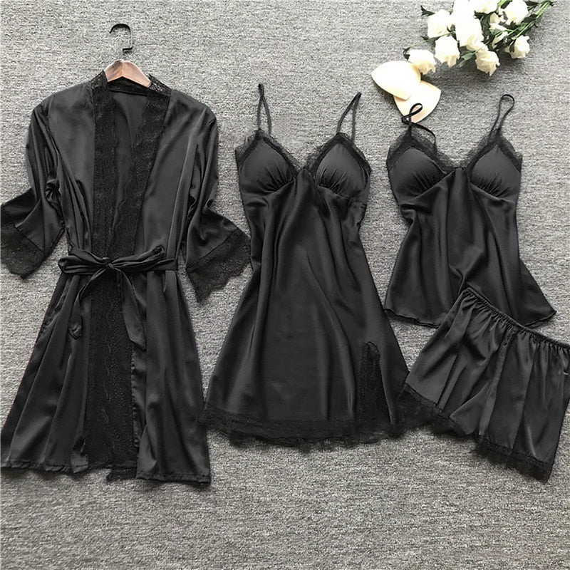 Silk 4-piece Nightwear Ladies Solid Color Strap Lace Pajamas with Chest Pads